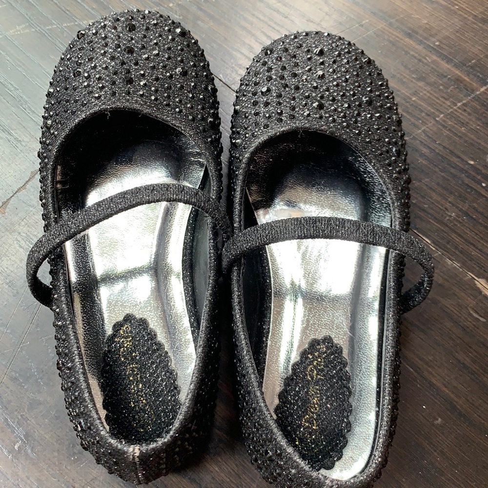Rhinestone studded black ballet shoes US10